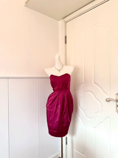 Women Burgundy Homecoming Dress, Strapless Sweetheart Neck Satin Short Dress High Waist Pleated Sheath Mini Party Gown gh9186