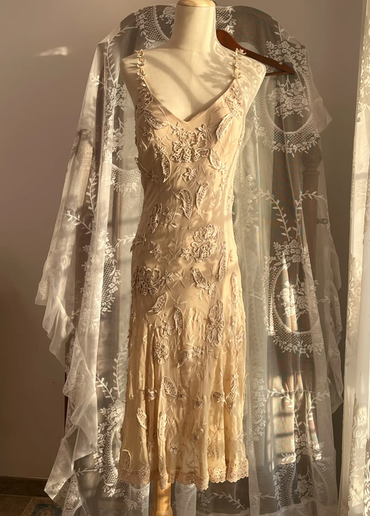 Champagne Vintage Slip Midi Gown, V Neck 3D Floral Embroidered Evening Dress gh9351