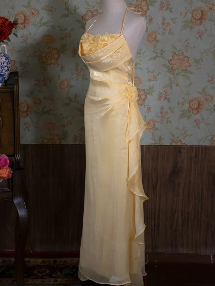 Robe de soirée longue dos nu à fleurs délicates et brillantes, jaune/vert/bordeaux, robe de fête d'anniversaire gh3385
