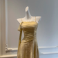 Gold Spaghetti Strap Long Evening Gown, Square Neck Ruched Bodice, Side Bow Sash Detail, High Waist, Draped A‑Line Midi Skirt, Metallic Jacquard Party Prom Dress gh8921