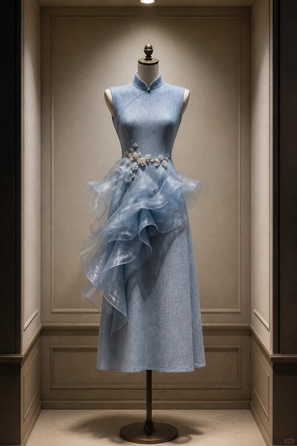 ✨Girlhomeshops-Light Blue Organza Ruffle Pearl Cheongsam Qipao gh10429