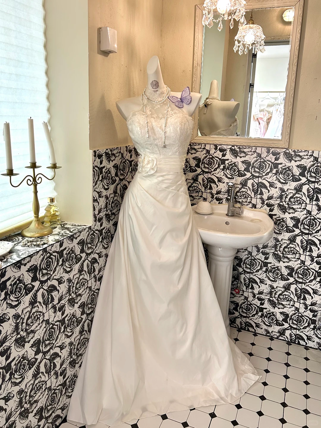 White Halter Lace Waist-Cinched Pleated Figure-Flattering A-Line Skirt Long Romantic Dress, Wedding Gown gh7769