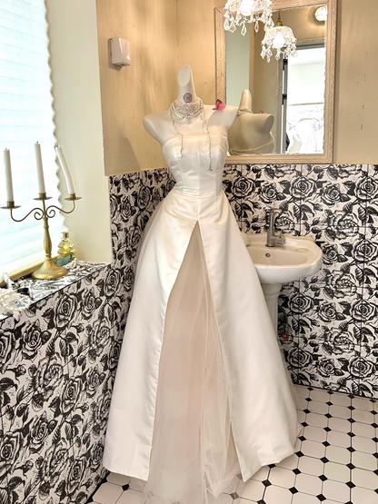 White Strapless Waist-Cinched Slit Sexy A-Line Skirt Romantic Dress, Wedding Gown gh7615