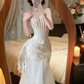 White Strapless Corset Wedding Gown, Lace Bodice Pearl Halter Strap Tulle Long Mermaid‑Style Prom Dress gh9137