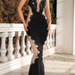 Schwarzes, glamouröses langes Abendkleid mit exquisiter Perlenstickerei gh6877