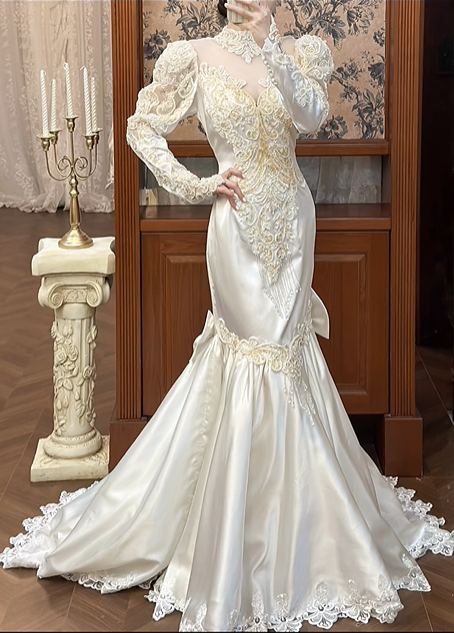 Ivory Vintage Satin Mermaid Wedding Prom Dress, Lace High Neck Illusion V‑Neck, Leg‑of‑Mutton Puff Sleeves, Gold‑Silver Lace Appliqués, Back Bow, Scalloped Lace Long Train gh8674
