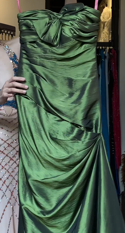 Olive Green Metallic Satin Strapless Evening Gown Big Bow Ruched Long Formal Prom Dress gh9742