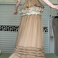 Khaki Halter Neck Vintage Tiered Long Evening Gown, Sequin Mesh Lace Ruffled Boho Formal Prom Dress gh8994