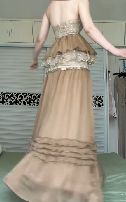 Khaki Halter Neck Vintage Tiered Long Evening Gown, Sequin Mesh Lace Ruffled Boho Formal Prom Dress gh8994