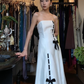White Strapless Tube Long Formal Gown Satin Black Bow Decor A-Line Evening Dress gh9660