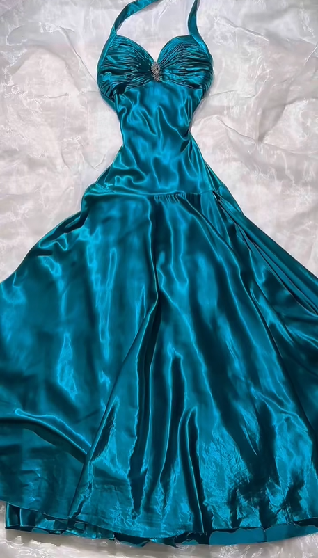 Vintage Elegant Lake Blue Satin Halter Prom & Evening Party Dress, Fitted Waist Slim Silhouette gh8540