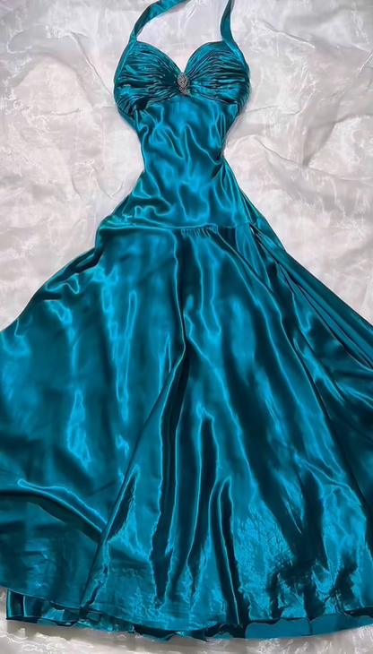 Vintage Elegant Lake Blue Satin Halter Prom & Evening Party Dress, Fitted Waist Slim Silhouette gh8540