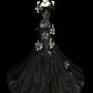 girlhomeshops – Schwarzes, meerjungfraueninspiriertes Blumenkleid, einzigartig elegantes, langes, dunkles Meerjungfrauen-Tüllballkleid/Abendkleid. gh6138