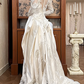 Ivory Vintage Satin Wedding Prom Dress, V‑Neck Lace Trim, Sheer Lace Long Sleeves, Floral Lace Appliqués, A‑Line Scalloped Lace Hem gh8676