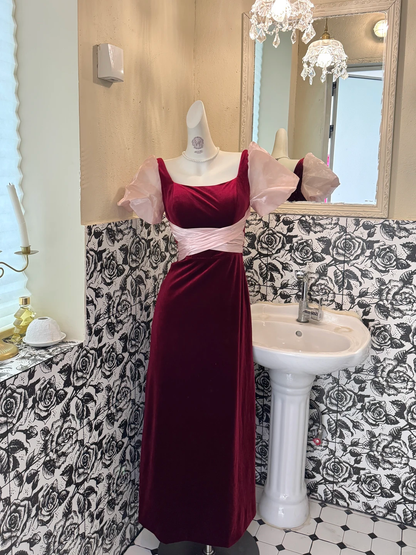 Burgundy Square Neck Puff Sleeve Waist-Cinched Fitted Elegant Vintage Romantic Gown gh7557