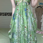 Green Oil‑Painting Landscape Print Spaghetti Strap Long Evening Gown, V‑Neck Empire Waist Flowy A‑Line Formal Prom Dress gh8998