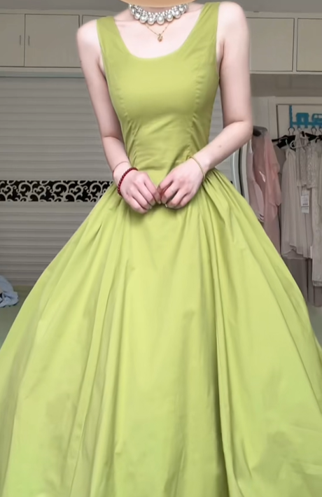 Sage Green U‑Neck Sleeveless Long Evening Gown, Fitted Waist Bubble Balloon Skirt Formal Prom Dress gh8992