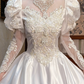 White Vintage Satin Wedding Ball Gown, Tassel Illusion High Neck Over Sweetheart Neck, Puff Long Sleeves With Lace Sheer Arms, Heavy Lace Beaded Appliqué Pointed Waist, A‑Line Long Skirt With Scalloped Lace Hem, Prom Dress gh8648