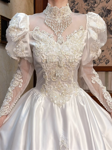 White Vintage Satin Wedding Ball Gown, Tassel Fringe Illusion High Neck Over Sweetheart Neck, Puff Long Sleeves With Sheer Lace Lower Arms, Heavy Lace Beaded Appliqué Pointed Waist, Voluminous A‑Line Skirt With Scalloped Lace Hem, Prom Dress gh8653