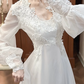 White Vintage Edwardian Wedding Gown, V‑Neck Lace Trim Stand Collar, Lantern Puff Long Sleeves, High Waist With Floral Lace Appliqués, Flowy Chiffon Flared Long Skirt, Prom Dress gh8660