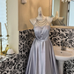 Dusty Lavender Halter Multi-Layer Beaded Chain Waist-Cinched Full Flared Long Romantic Dress, Wedding Gown gh7568