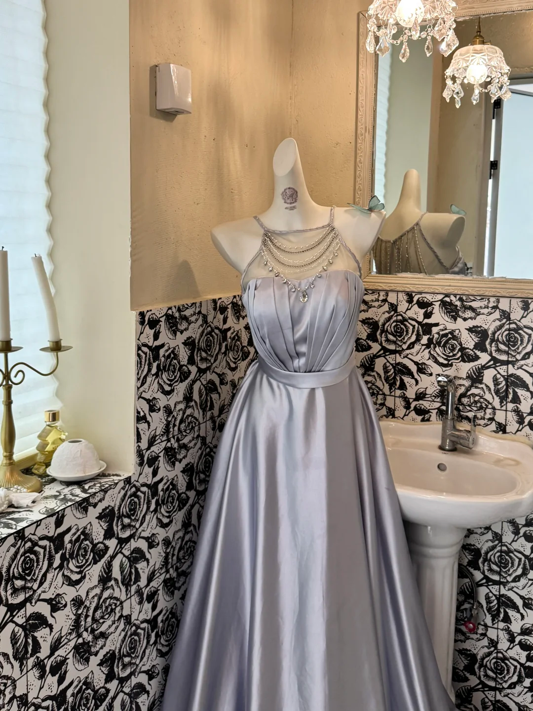 Dusty Lavender Halter Multi-Layer Beaded Chain Waist-Cinched Full Flared Long Romantic Dress, Wedding Gown gh7568