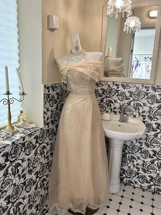Light Apricot Off-the-Shoulder Beaded Waist-Cinched Soft Elegant Romantic Dress, Wedding Gown gh7688