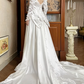 White Vintage Satin Wedding Gown, Lace Petal V‑Stand Collar, Leg‑of‑Mutton Puff Long Sleeves, Boned Bodice With Heavy Lace Appliqués, Flowing Satin Long Train with Scalloped Lace Hem, Prom Dress gh8657