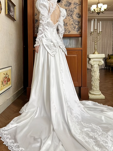 White Vintage Satin Wedding Gown, Lace Petal V‑Stand Collar, Leg‑of‑Mutton Puff Long Sleeves, Boned Bodice With Heavy Lace Appliqués, Flowing Satin Long Train with Scalloped Lace Hem, Prom Dress gh8657