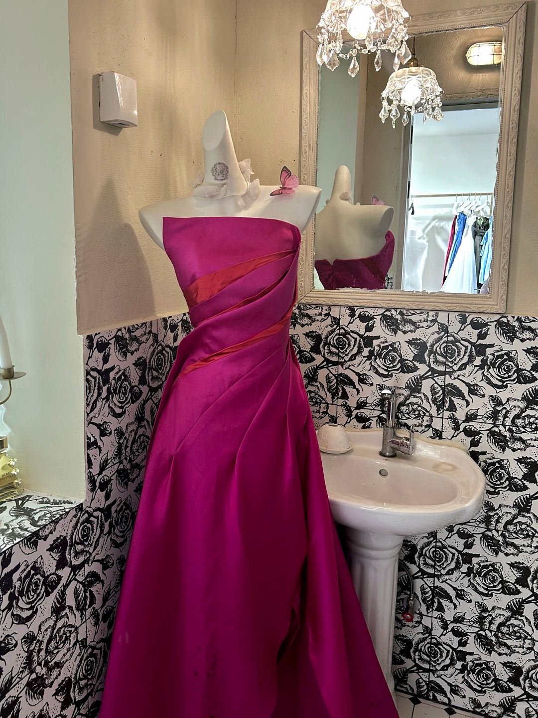 Magenta Strapless Waist-Cinched A-Line Long Romantic Dress, Wedding Gown gh7629