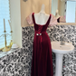Burgundy Square Neck Puff Sleeve Waist-Cinched Fitted Elegant Vintage Romantic Gown gh7557