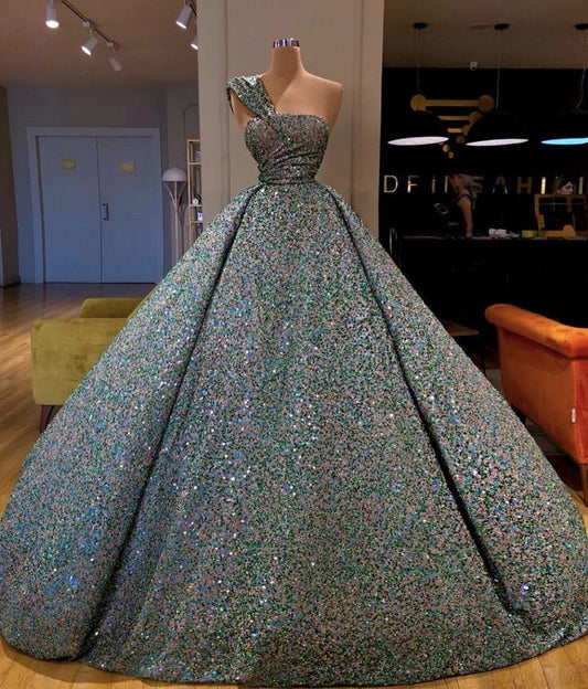 Grünes wunderschönes glänzendes Pailletten modisches One-Shoulder-Trägerloses schulterfreies langes Ballkleid Abendkleid gh3091