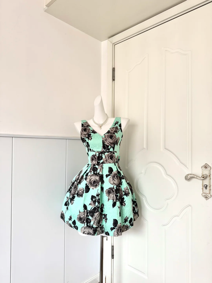 Women Mint Green Homecoming Dress, Sleeveless V‑Neck Black Grey Rose Floral Print Jacquard Fabric Waist Bow Pleated Flared A‑Line Mini Party Dress gh9196