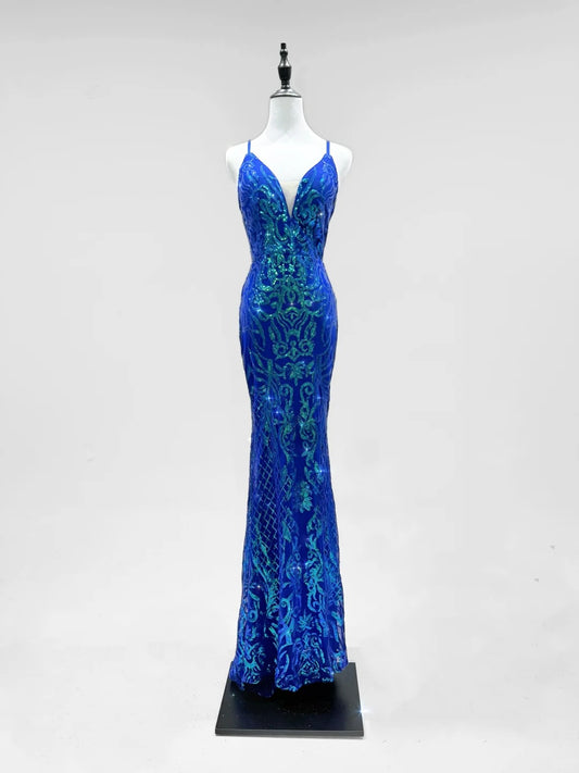 Girlhomeshops-Blue shiny fashion sequins long prom dress birthday party dress gh5420