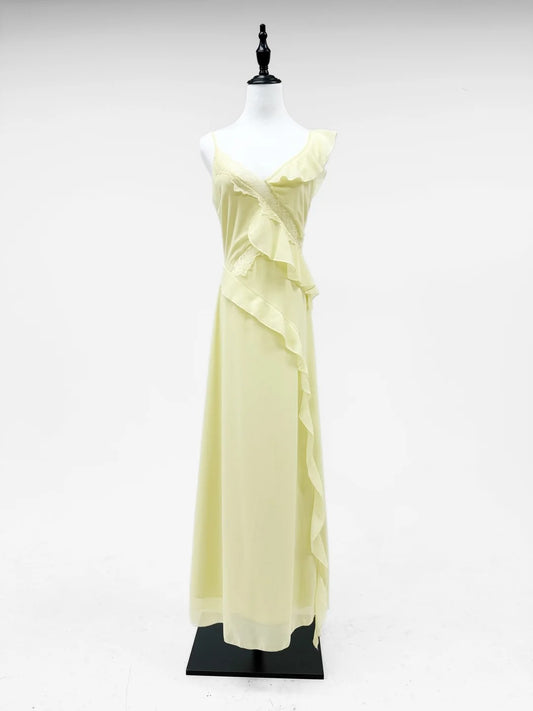 Girlhomeshops-Yellow ruffle chiffon long prom dress birthday party dress gh5421
