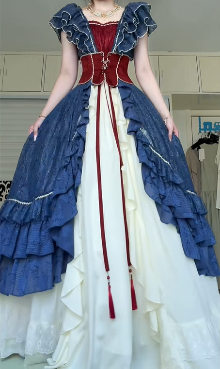 Vintage Victorian Lolita Ball Gown Navy Burgundy Cream Color Block V‑Neck Ruffle Flutter Sleeve Lace Over Skirt Corset Lace‑Up Waist Tassel Detail Floor‑Length Dress for Tea Party Cosplay Prom gh8946