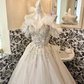 Ivory Strapless Gown with Silver Decorations, Cinched Waist, Voluminous Skirt, Long Romantic Dress, Wedding Gown gh7792