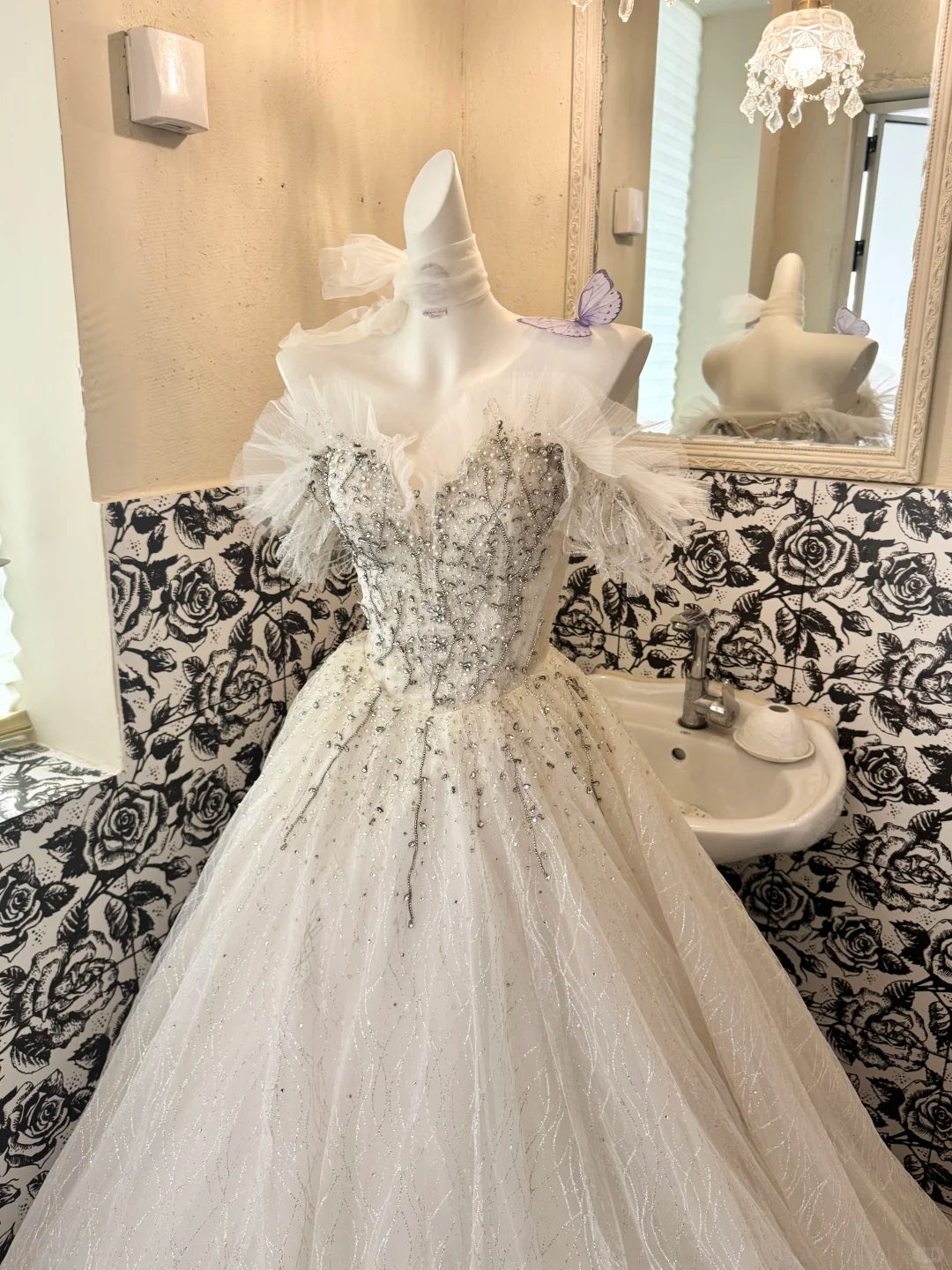 Ivory Strapless Gown with Silver Decorations, Cinched Waist, Voluminous Skirt, Long Romantic Dress, Wedding Gown gh7792