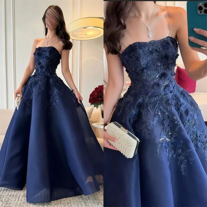 Navy Blue Strapless Ball Gown with 3D Floral Appliques & Beading, Floor-Length Prom Dress for Formal Wedding & Evening Events gh7098