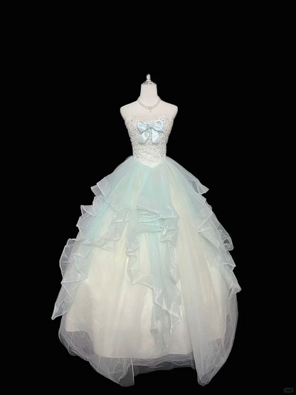 Light Mint Green Strapless Cinched Waist Voluminous Skirt Long Romantic Dress, Wedding Gown gh7957