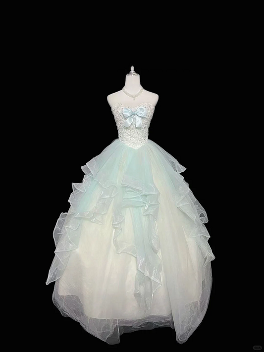 Light Mint Green Strapless Cinched Waist Voluminous Skirt Long Romantic Dress, Wedding Gown gh7957
