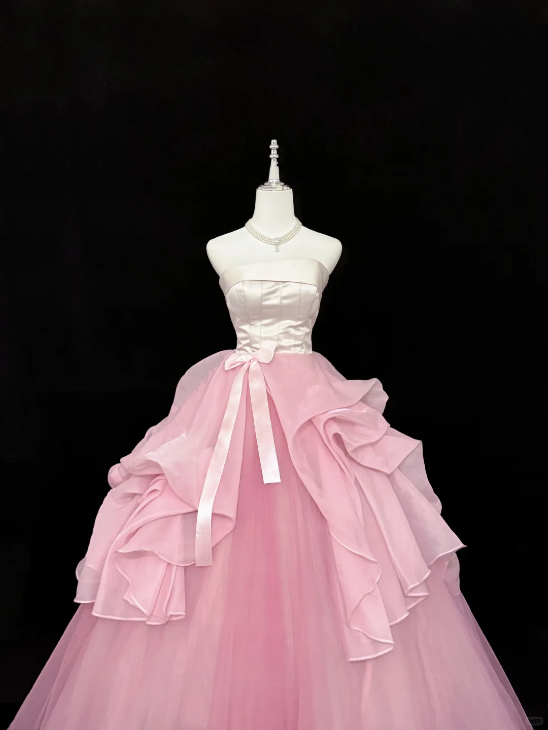 Blush Pink Satin Strapless Cinched Waist Dress with Contrast Pink Voluminous Skirt, Long Romantic Gown, Wedding Dress gh7917