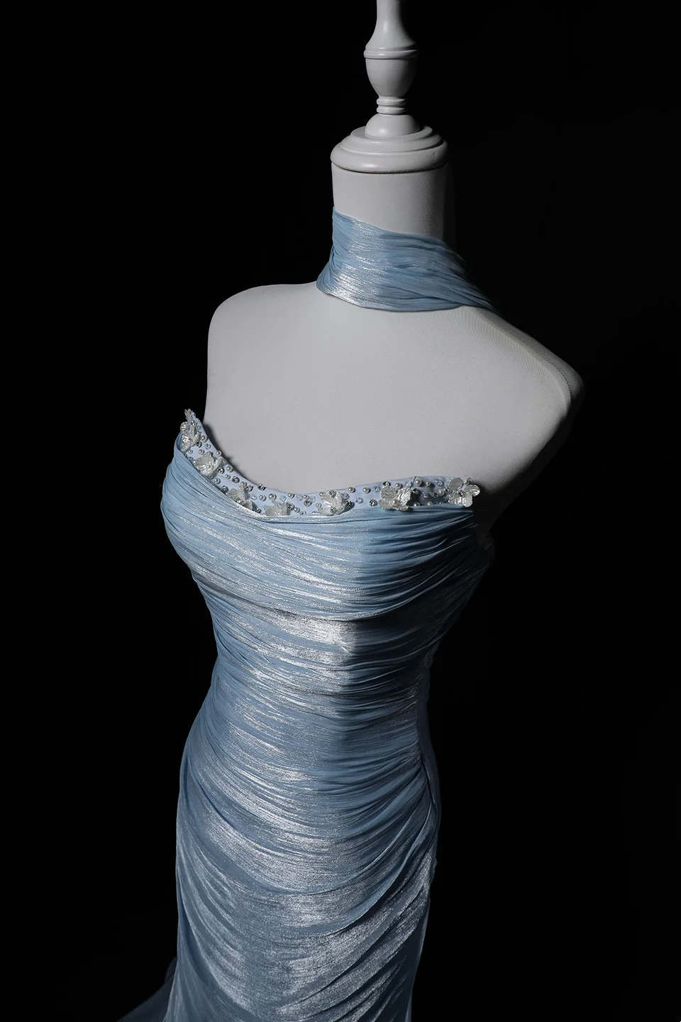 Light Blue Strapless Waist-Cinched Ruched Elegant Evening Dress, Fairy Gown, Romantic Gown gh7468