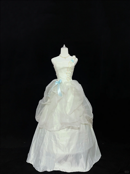 Light Green Cinched Waist Elegant Voluminous Skirt Long Romantic Dress, Wedding Gown gh8053