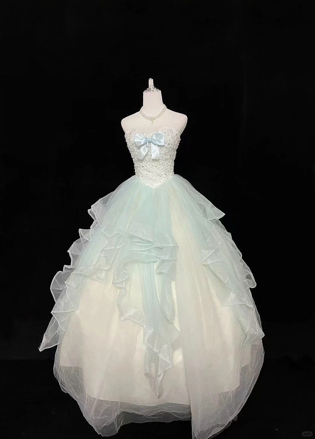 Light Mint Green Strapless Cinched Waist Voluminous Skirt Long Romantic Dress, Wedding Gown gh7957
