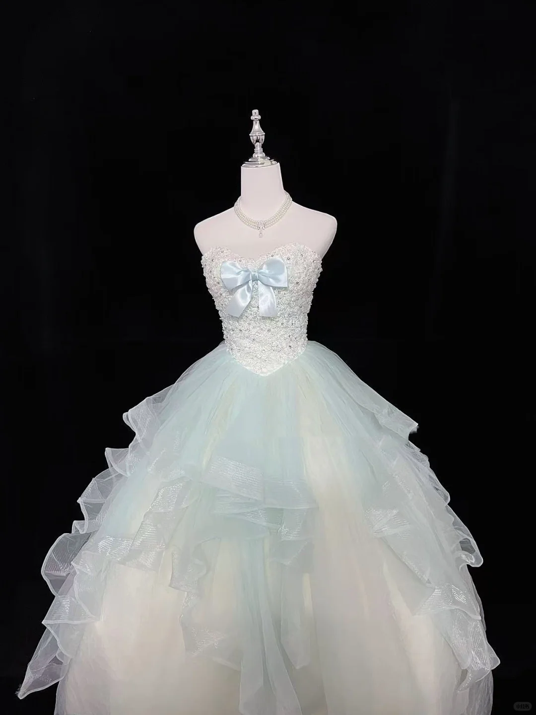 Light Mint Green Strapless Cinched Waist Voluminous Skirt Long Romantic Dress, Wedding Gown gh7957