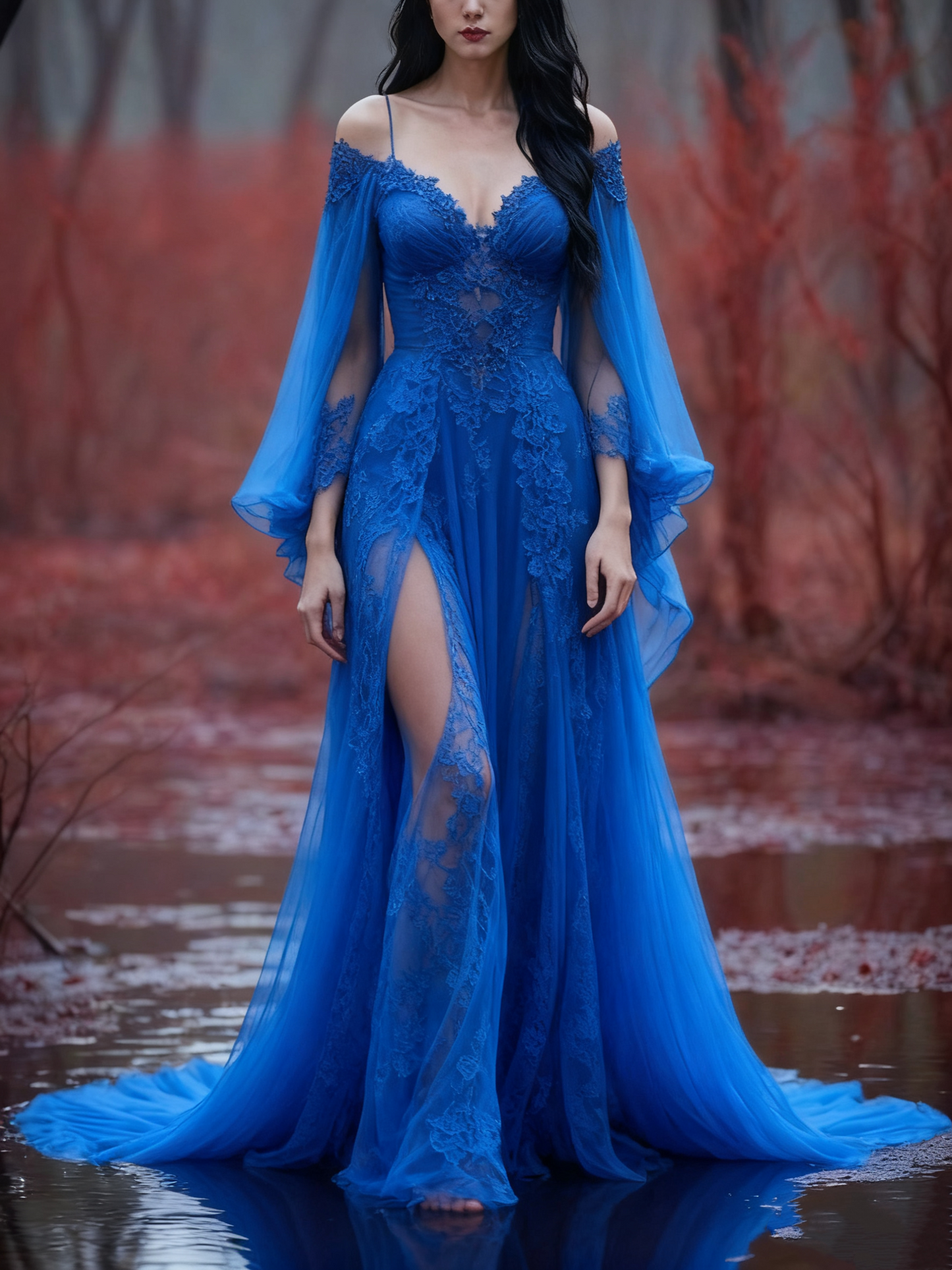 girlhomeshops-Long Sleeves Long Tulle Floor-Length Train Retro Elegant Ball Gown Evening Dress gh5943