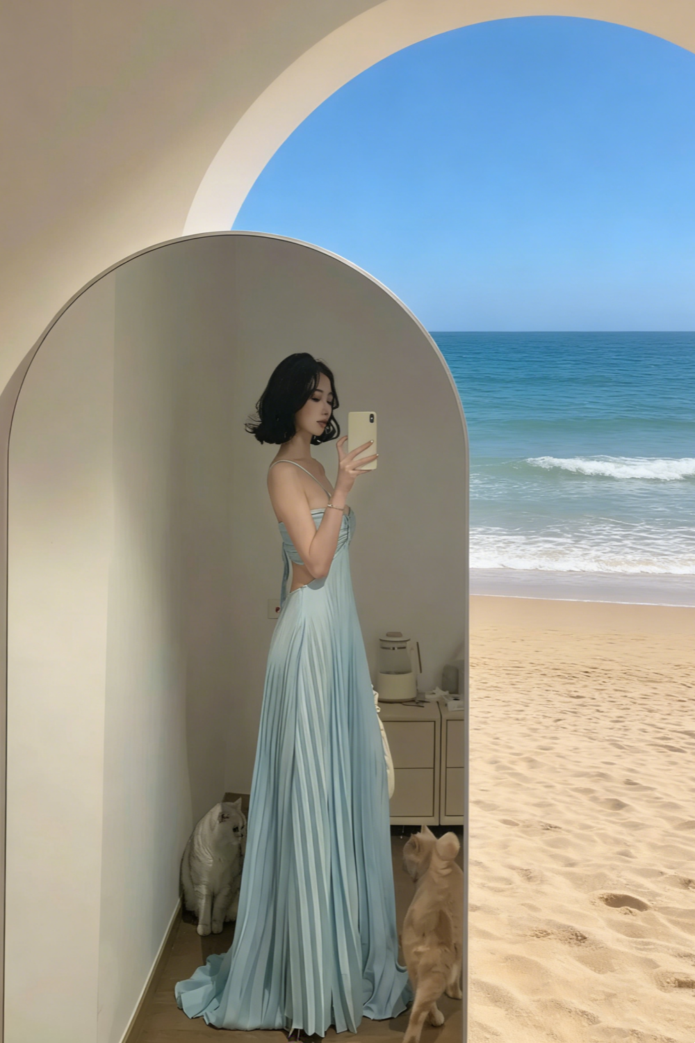 Sheer & Cutout Light Blue Pleated Gown - Cutout Spaghetti Strap Elegant Floor-Length Dress gh6980