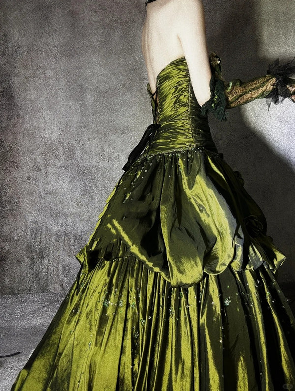 Green gorgeous exquisite beaded long satin ball gown evening dress party dress gh4500