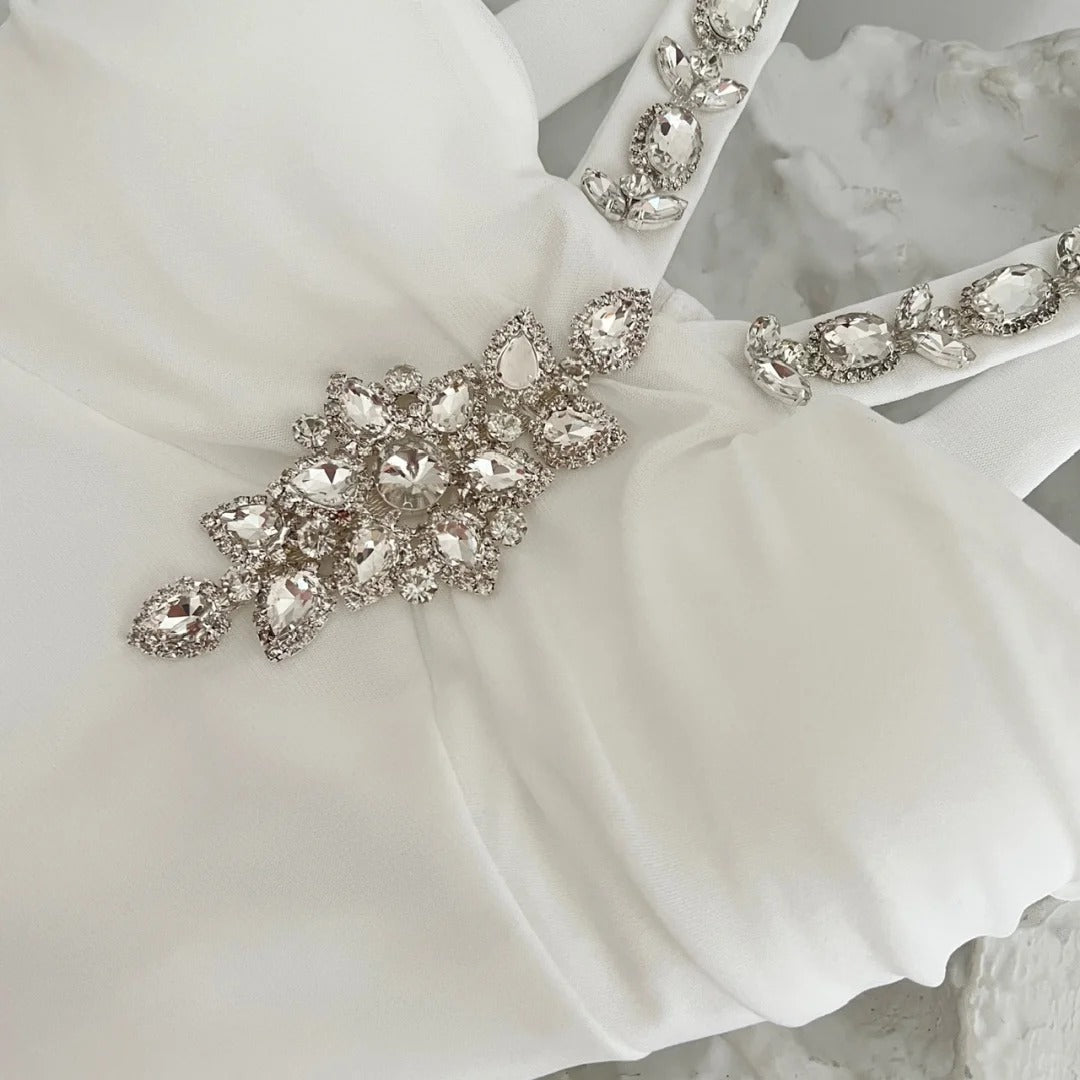 Robe de soirée longue en mousseline de soie, robe de bal blanche à licou et diamants lourds, gh4333